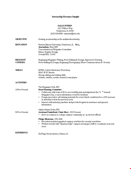 internship resume for multimedia template