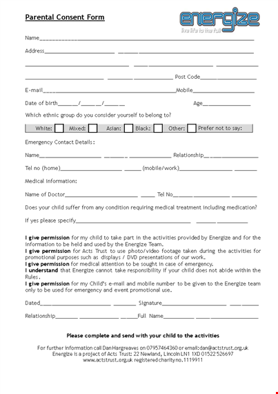 child permission form | parental consent template to energize template