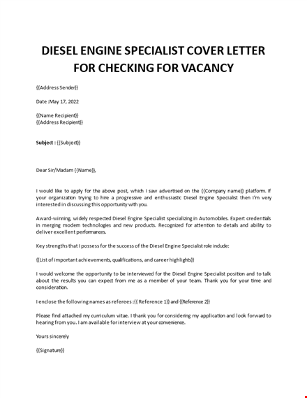 diesel engine specialist cover letter template