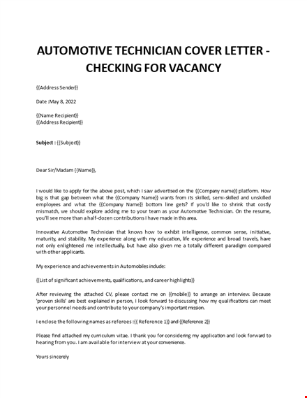 automotive technician cover letter template