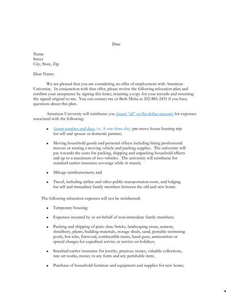 relocation agreement letter for moving expenses - university relocation template