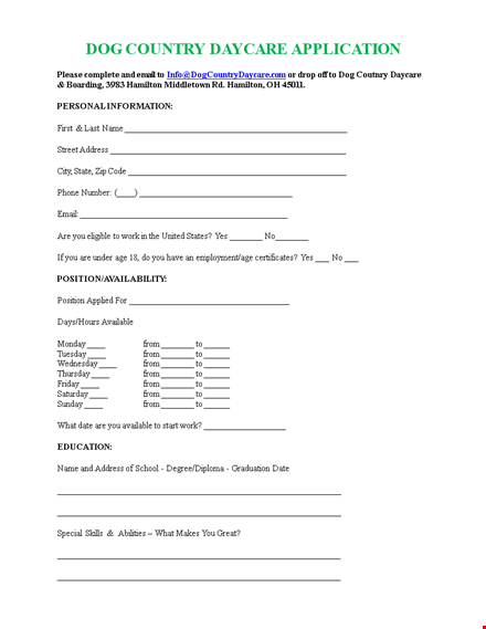 printable daycare job application template template