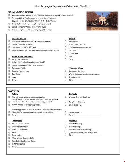 new employee department orientation checklist template