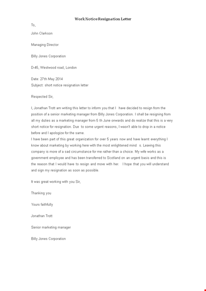 work notice resignation letter example template