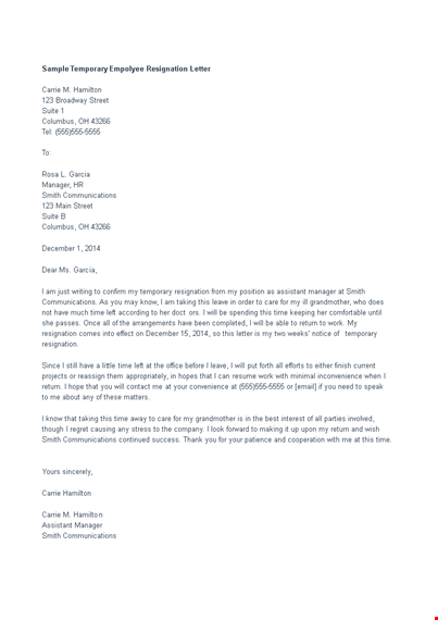 temporary employee resignation letter template template