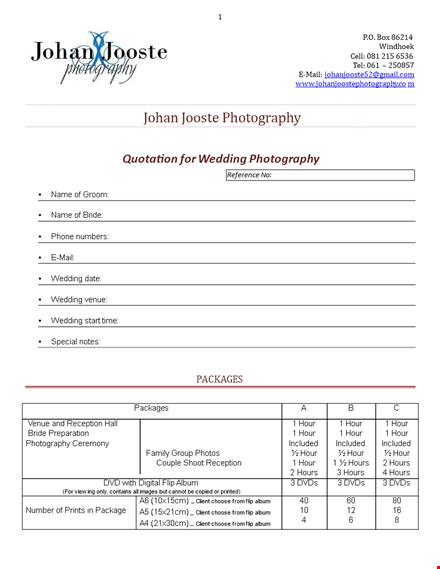 wedding photographer | stunning images | get a photographic quotation template