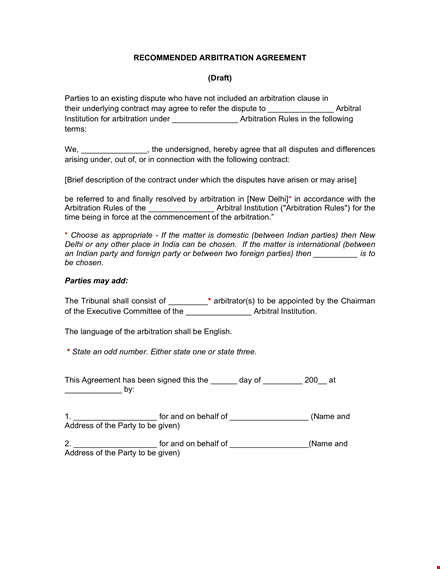 arbitration agreement for contracts | clear terms for parties template