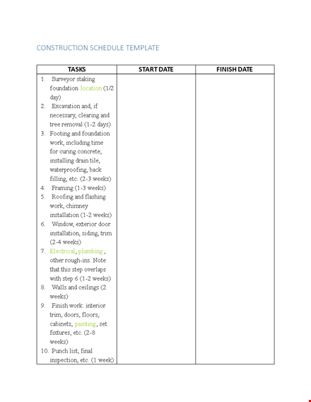 construction schedule template | plan your project in weeks | manage foundation to finish template