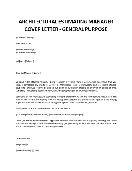 architectural estimating manager cover letter template