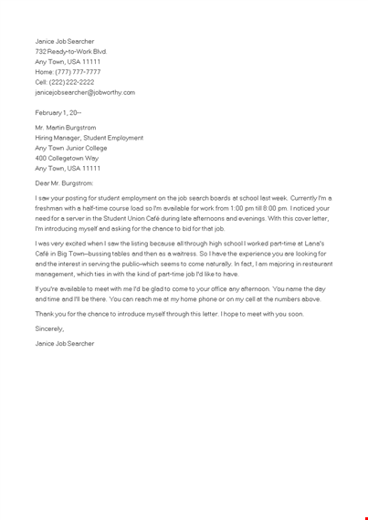 cover letter for student job template