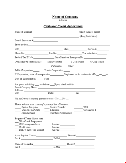 credit application form - simplify company-customer transactions template