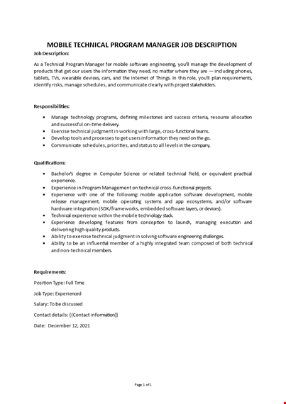 technical program manager job description template