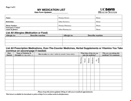 printable simple medication list template