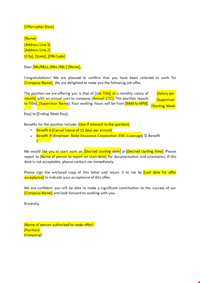 job offer letter template sample template