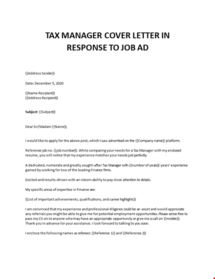 tax manager cover letter for job ad template