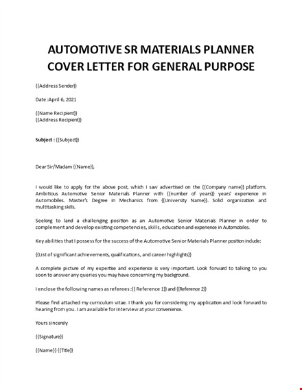 material planner cover letter  template