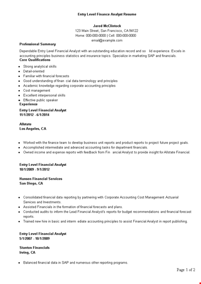 entry level finance analyst resume template