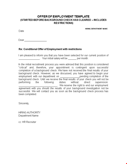 conditional employment offer letter template