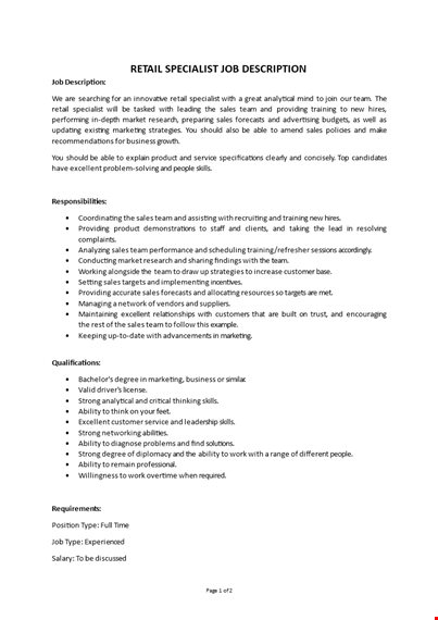 retail specialist job description  template