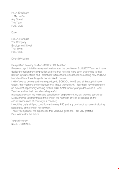 teacher resignation letter example template