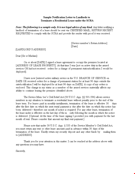 sample notification letter to landlords to terminate a residential lease template