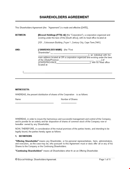 shareholder agreement for company: shall of shares and rights of shareholders template