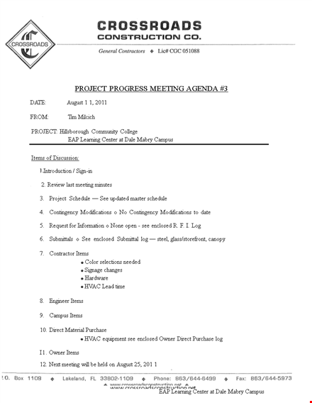 project progress meeting agenda - update on owner and contingency plans template
