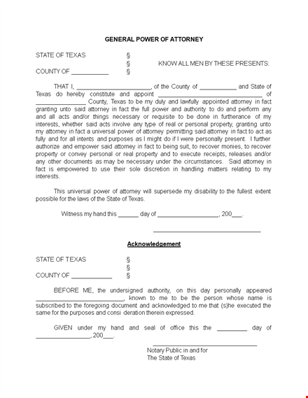 texas power of attorney template template