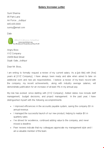 requesting a salary increase: sample letter for company's annual review template