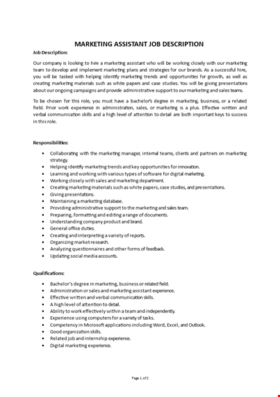 marketing assistant job description template