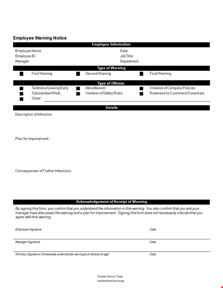 employee warning notice | manager action required, signature needed template