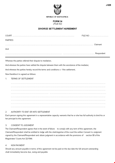 divorce agreement and settlement | court-approved agreement between parties | claimant template