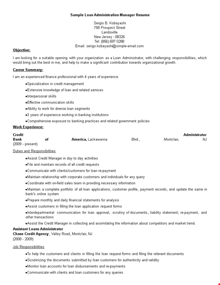 loan administration manager resume template