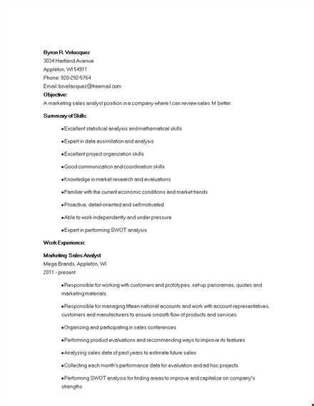 sales marketing analyst resume template