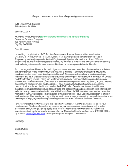 mechanical engineering cover letter - highlighting project experience and skills template