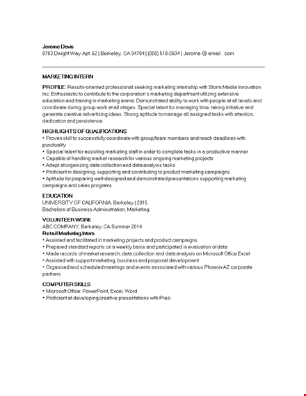 marketing student internship resume template