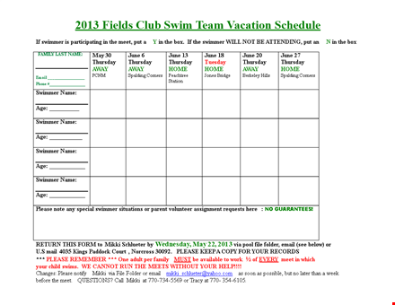 fields swim team vacation schedule template template