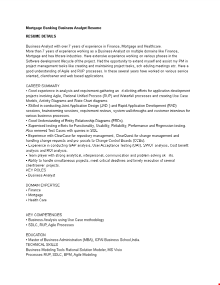 mortgage banking business analyst resume template