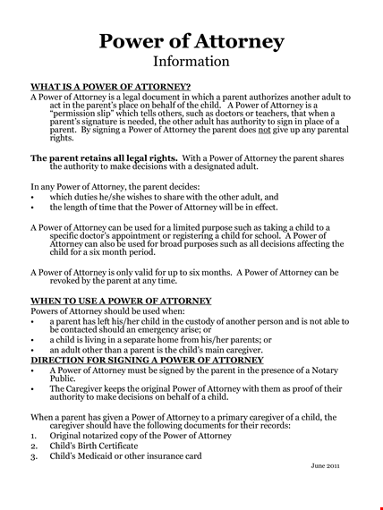 legal power of attorney for a child/parent assistance template