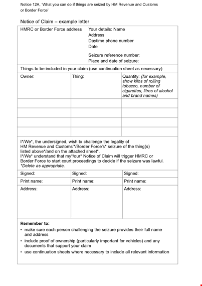 notice of claim letter template for address seizure and border force template