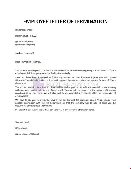employee letter of termination template