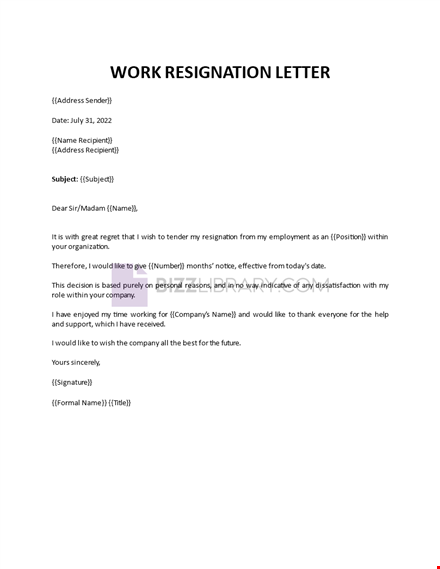 work resignation letter template