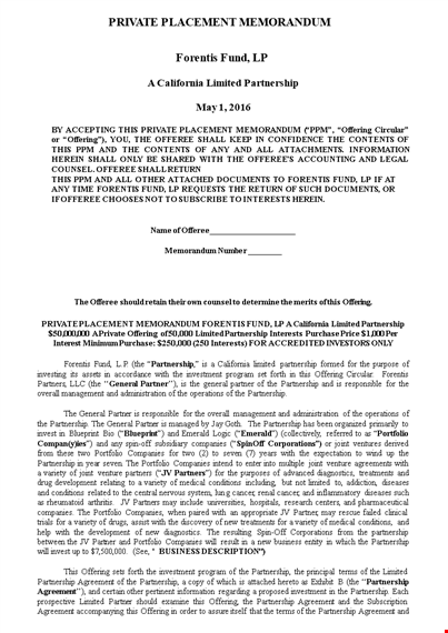 private placement memorandum requirements template