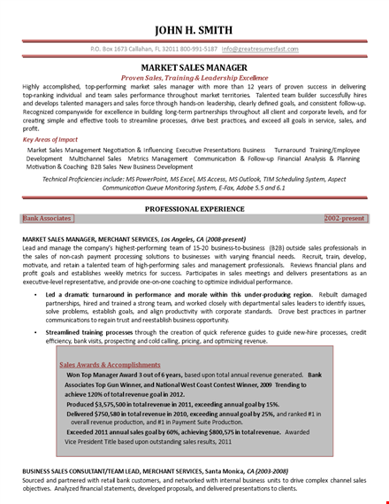 professional sales manager resume - achieve business goals and merchant success template