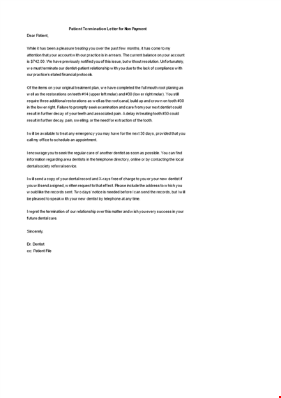 patient termination letter for non payment - professional dentist patient termination template