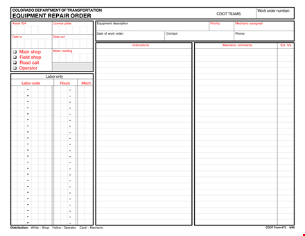 equipment order template