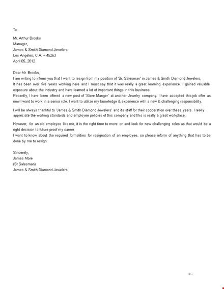 resignation letter for retail store manager template