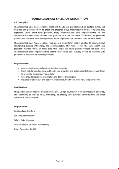 pharmaceutical sales job description template