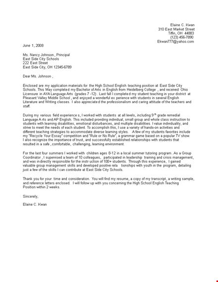 teaching job cover letter - engaging english instruction for students template
