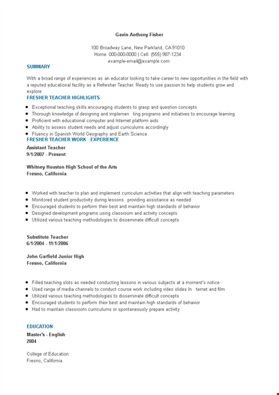 fresher assistent teacher resume format template